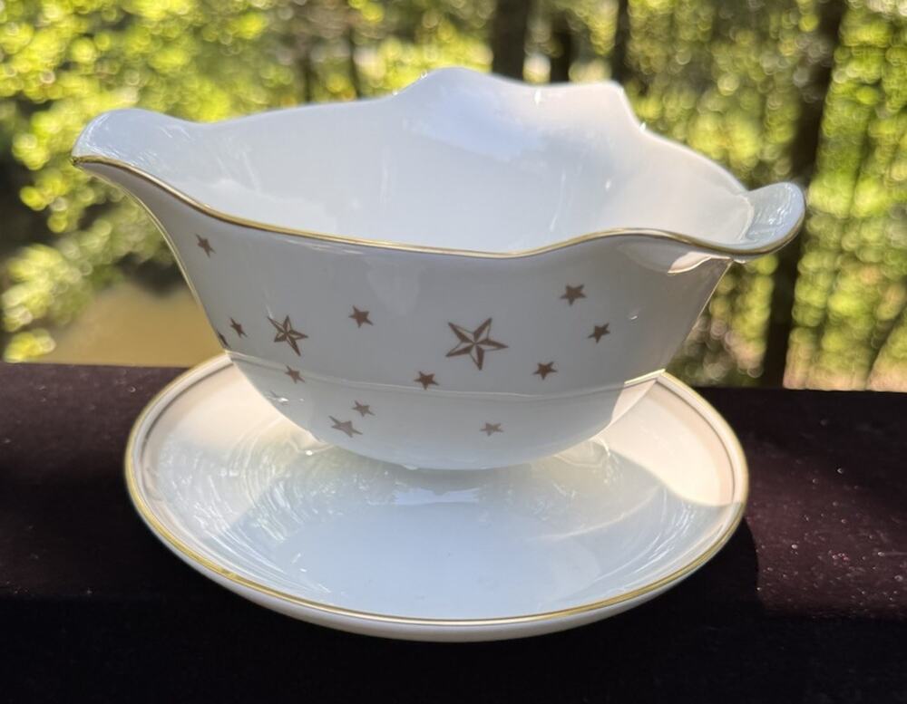 Rare Vintage Bing & Grondahl Milky Way Gold Star Pattern Gravy Boat W Underplate